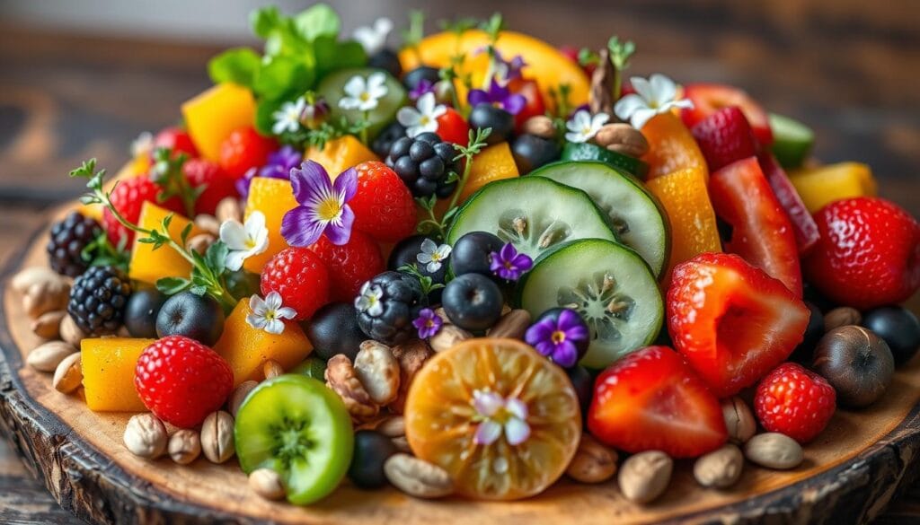Vibrant food display with textural contrast Vibrant food display with textural contrast