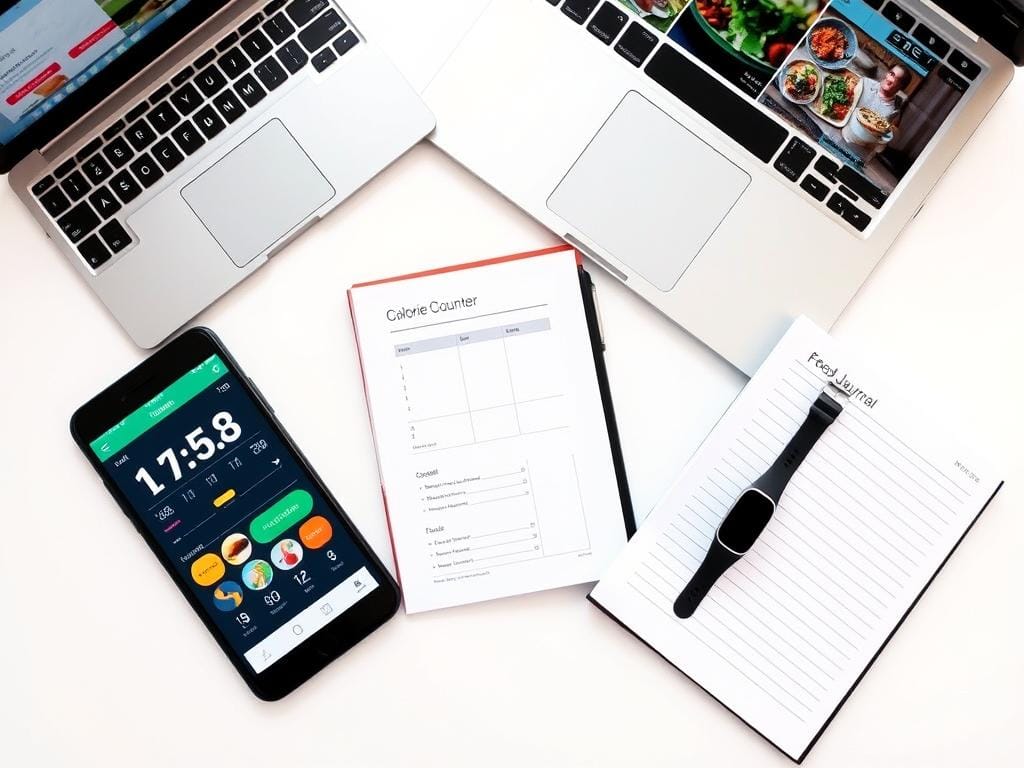 Different types of calorie counters including smartphone app, website, journal, and fitness tracker Different types of calorie counters including smartphone app, website, journal, and fitness tracker