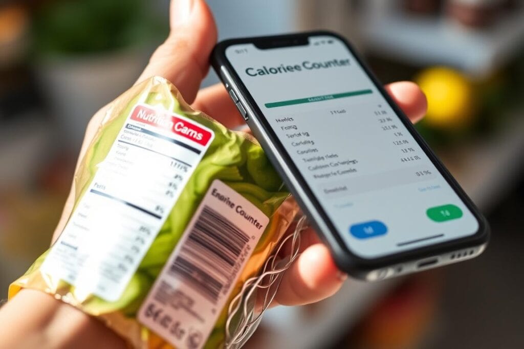 Nutrition label being analyzed with a calorie counter app for accurate tracking Nutrition label being analyzed with a calorie counter app for accurate tracking
