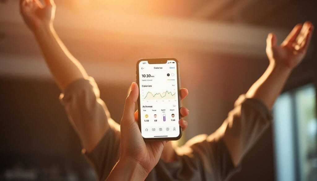Person celebrating successful health journey with calorie counter app showing progress Person celebrating successful health journey with calorie counter app showing progress