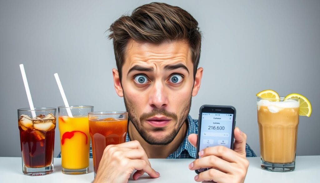 Person looking confused at high-calorie beverages that are often overlooked in calorie counting Person looking confused at high-calorie beverages that are often overlooked in calorie counting
