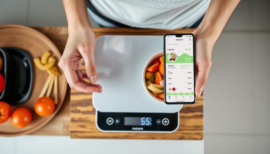 Person measuring food portions with a digital kitchen scale for accurate calorie counting Person measuring food portions with a digital kitchen scale for accurate calorie counting