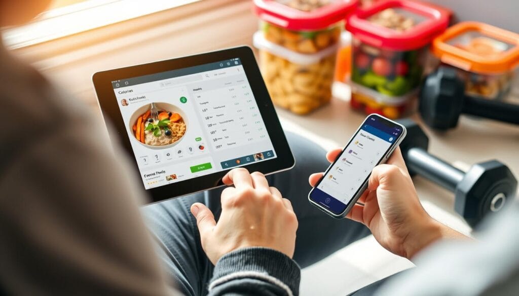 Person planning meals and workouts using a calorie counter app Person planning meals and workouts using a calorie counter app