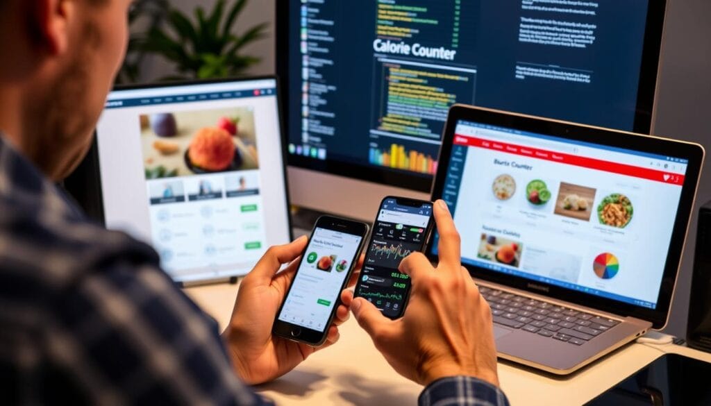 Person researching calorie counter information on computer and smartphone Person researching calorie counter information on computer and smartphone