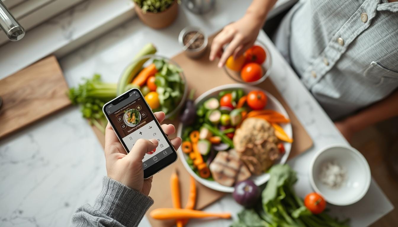 Person using a calorie counter app on smartphone while preparing a healthy meal