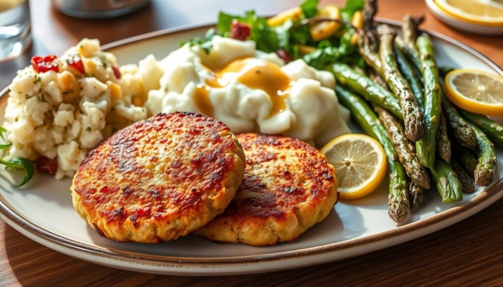 serving salmon patties with sides serving salmon patties with sides