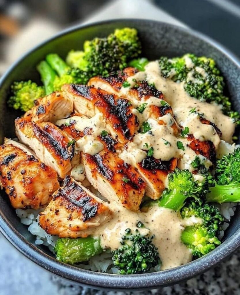 Grilled Chicken & Broccoli Bowls with Creamy Garlic Sauce