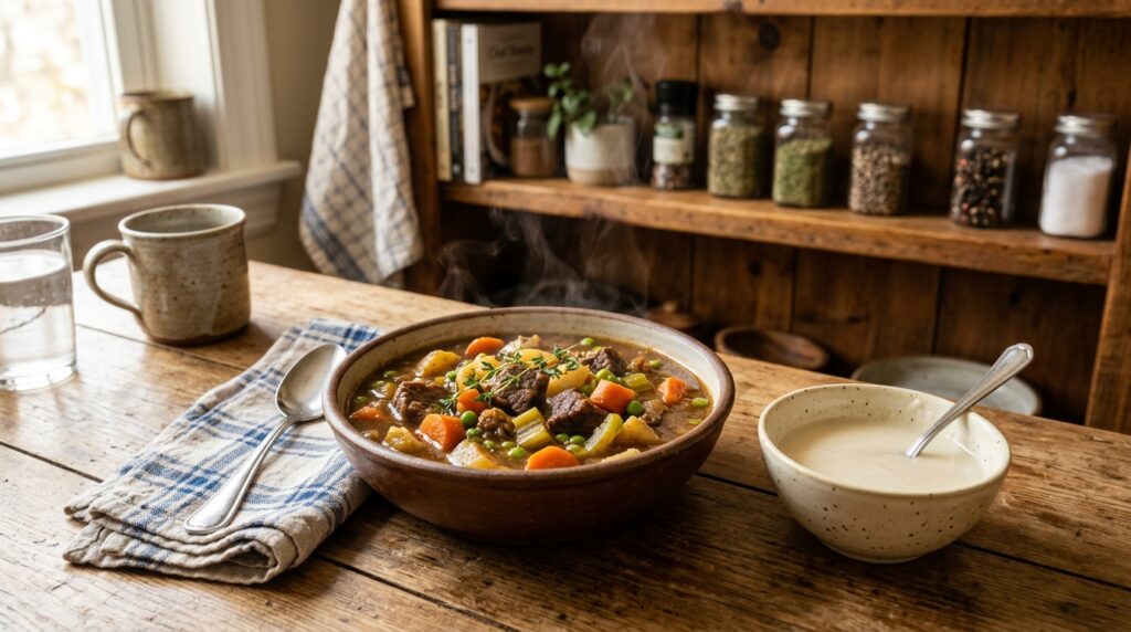 Arrowroot slurry beside a bowl of adapted beef stew Arrowroot slurry beside a bowl of adapted beef stew