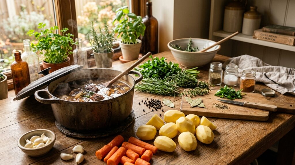 Beef broth, potatoes, carrots, and garlic for a stew base Beef broth, potatoes, carrots, and garlic for a stew base