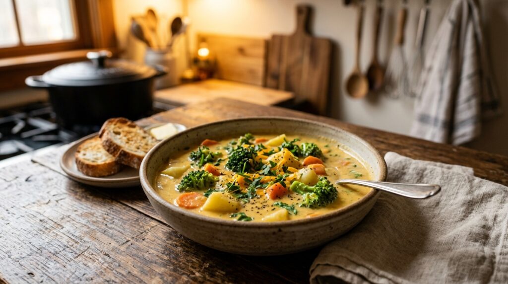 Cheddar soup variation with broccoli, carrots, and potatoes Cheddar soup variation with broccoli, carrots, and potatoes