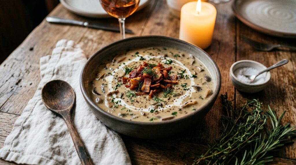 Creamy mushroom chowder with crispy mushroom bacon Creamy mushroom chowder with crispy mushroom bacon