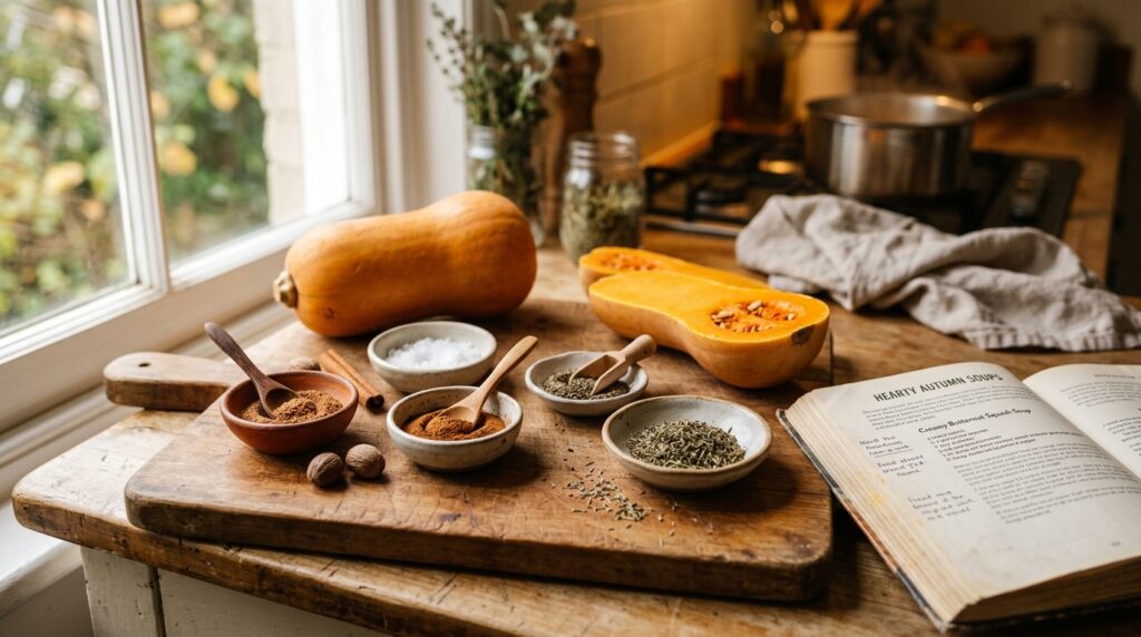 Ground spices and herbs ready to season butternut squash soup Ground spices and herbs ready to season butternut squash soup