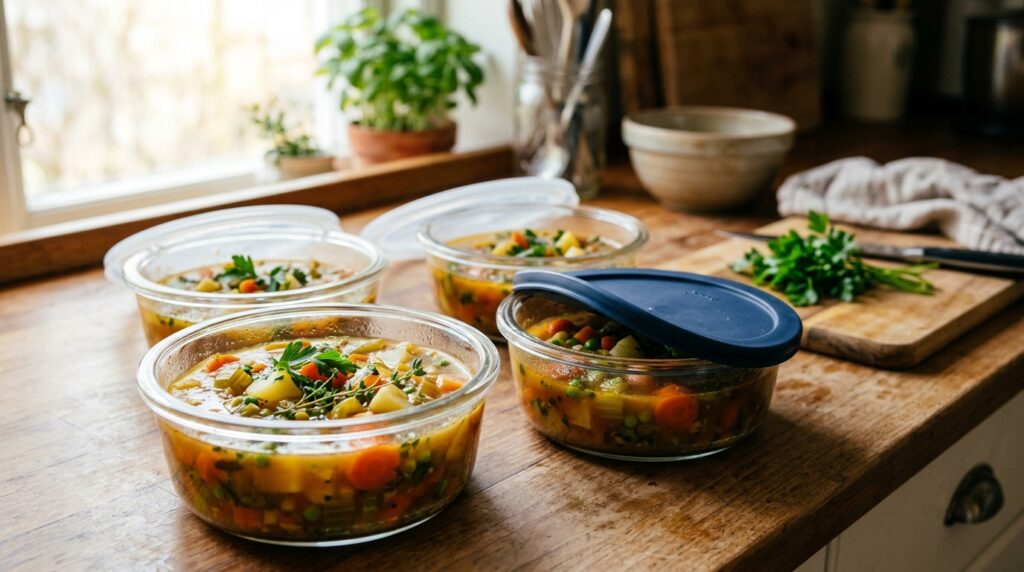 Leftover soup cooled in shallow containers for safe storage Leftover soup cooled in shallow containers for safe storage