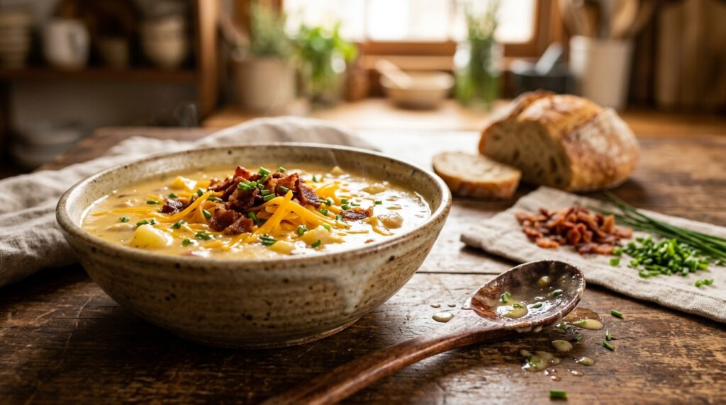 Loaded potato soup topped with cheddar, bacon, and chives