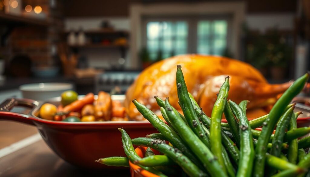 Peppery green beans beside a Thanksgiving turkey roasting pan
