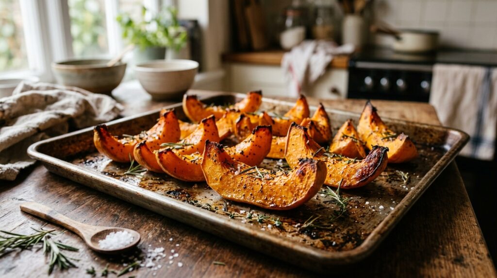 Roasted butternut squash with browned edges on an oven tray Roasted butternut squash with browned edges on an oven tray