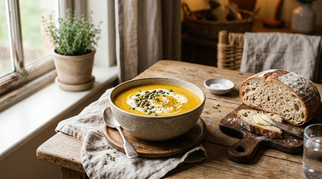 Squash soup served with crusty bread and pepitas Squash soup served with crusty bread and pepitas