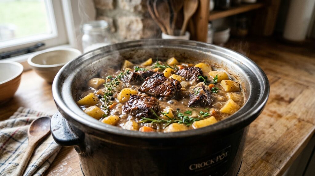Tender beef and potatoes checked in a slow cooker Tender beef and potatoes checked in a slow cooker
