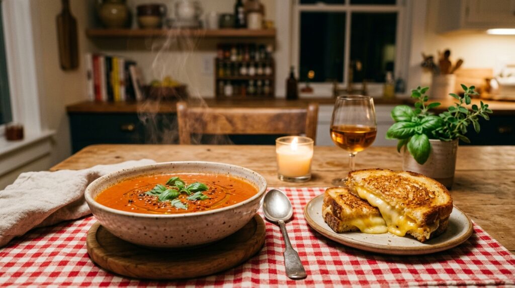 Tomato soup and grilled cheese on a weeknight dinner table Tomato soup and grilled cheese on a weeknight dinner table